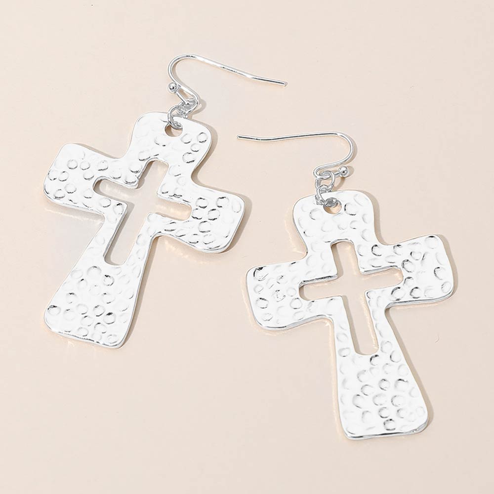 Hammered Metal Open Cross Drop Dangle Earrings