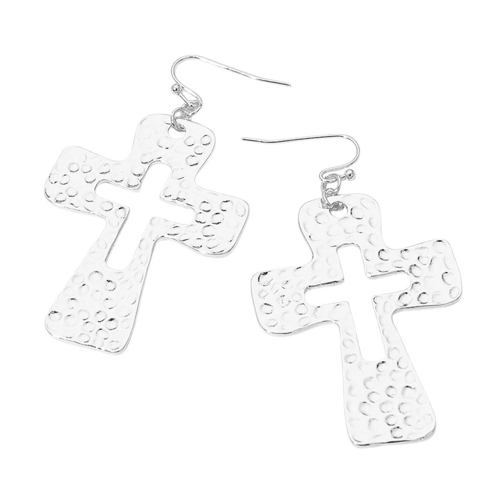 Hammered Metal Open Cross Drop Dangle Earrings