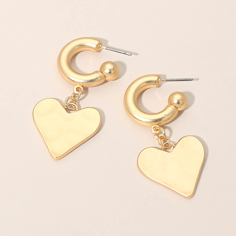 Matte Hammered Metal Heart Charm Drop Mini Hoop Earrings