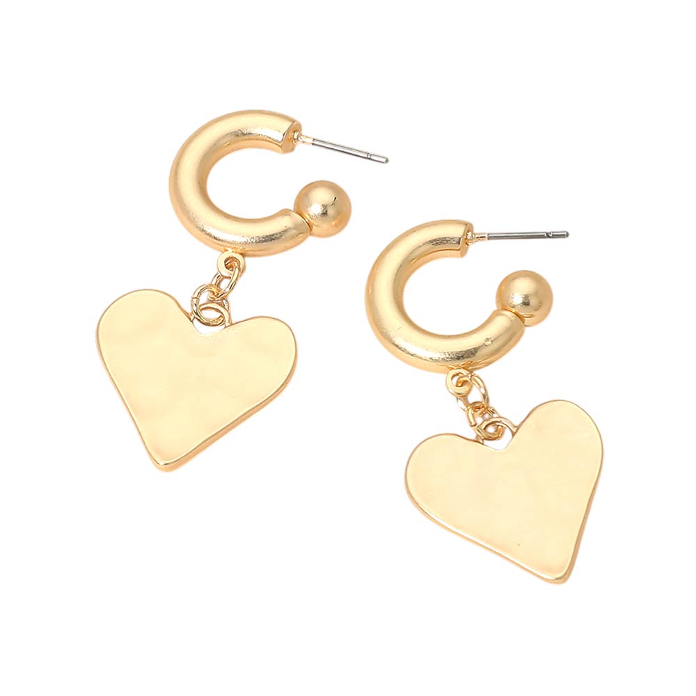Matte Hammered Metal Heart Charm Drop Mini Hoop Earrings