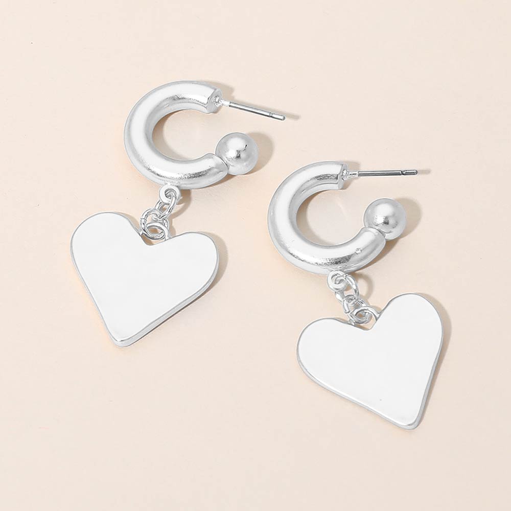 Matte Hammered Metal Heart Charm Drop Mini Hoop Earrings