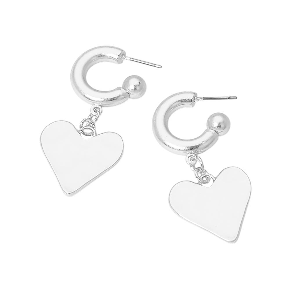 Matte Hammered Metal Heart Charm Drop Mini Hoop Earrings
