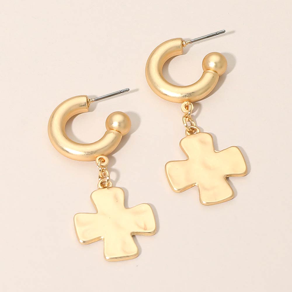 Matte Hammered Metal Cross Charm Drop Mini Hoop Earrings