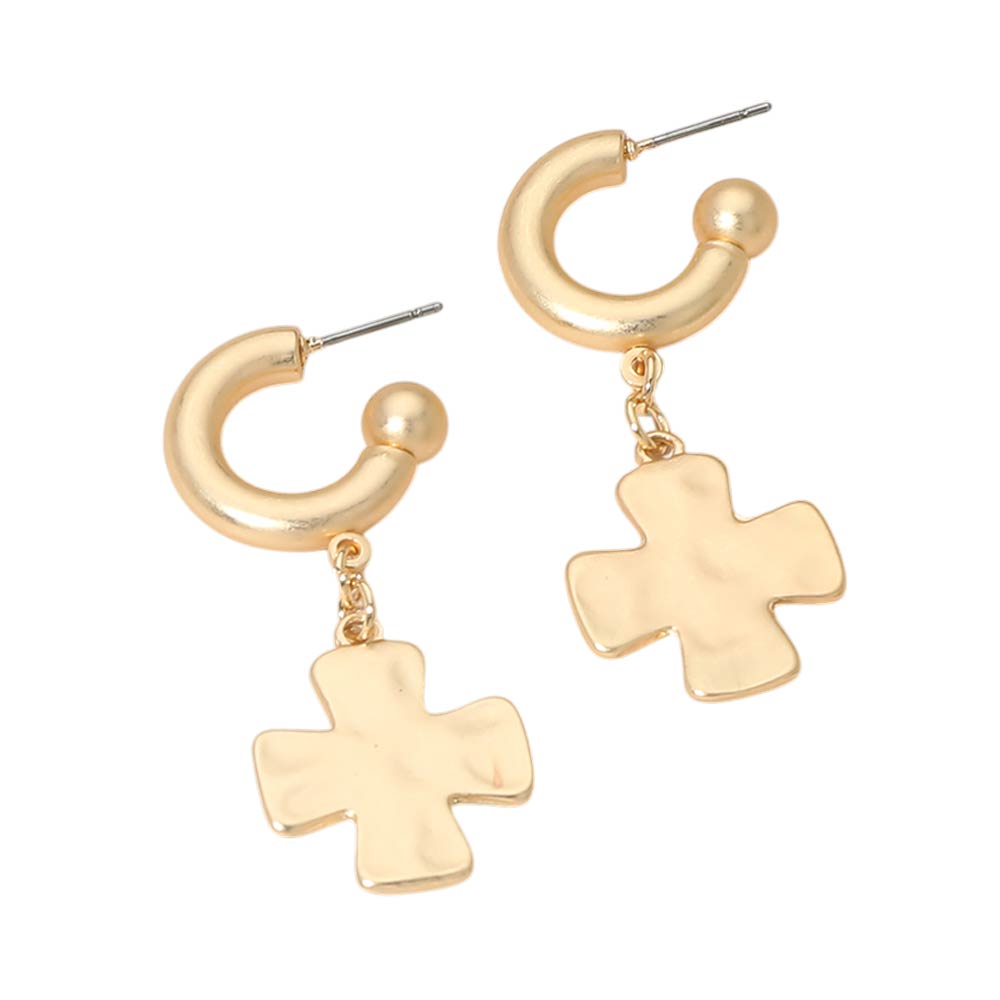 Matte Hammered Metal Cross Charm Drop Mini Hoop Earrings