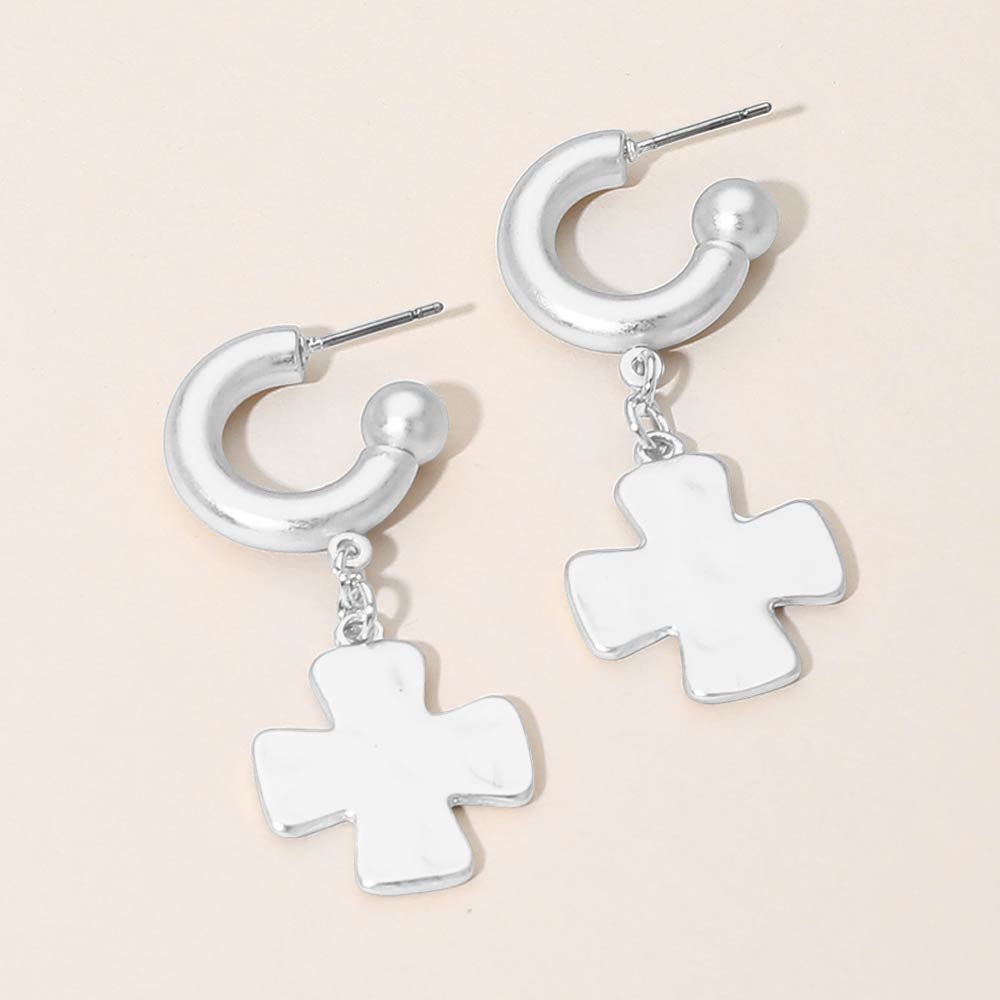 Matte Hammered Metal Cross Charm Drop Mini Hoop Earrings
