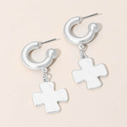 Matte Hammered Metal Cross Charm Drop Mini Hoop Earrings