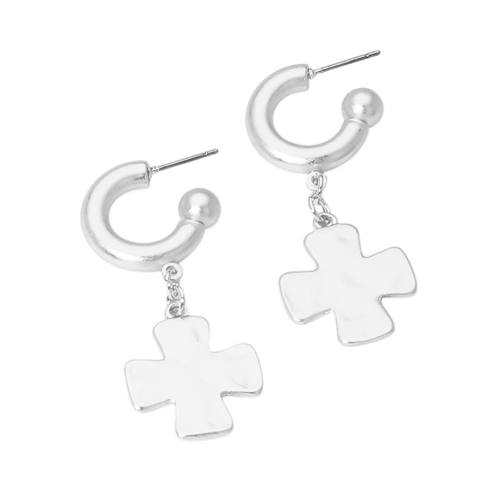 Matte Hammered Metal Cross Charm Drop Mini Hoop Earrings