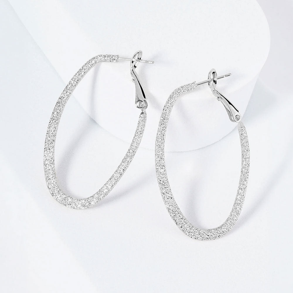 Rhodium Plated Hypoallergenic Textured Oval Hoop Earrings