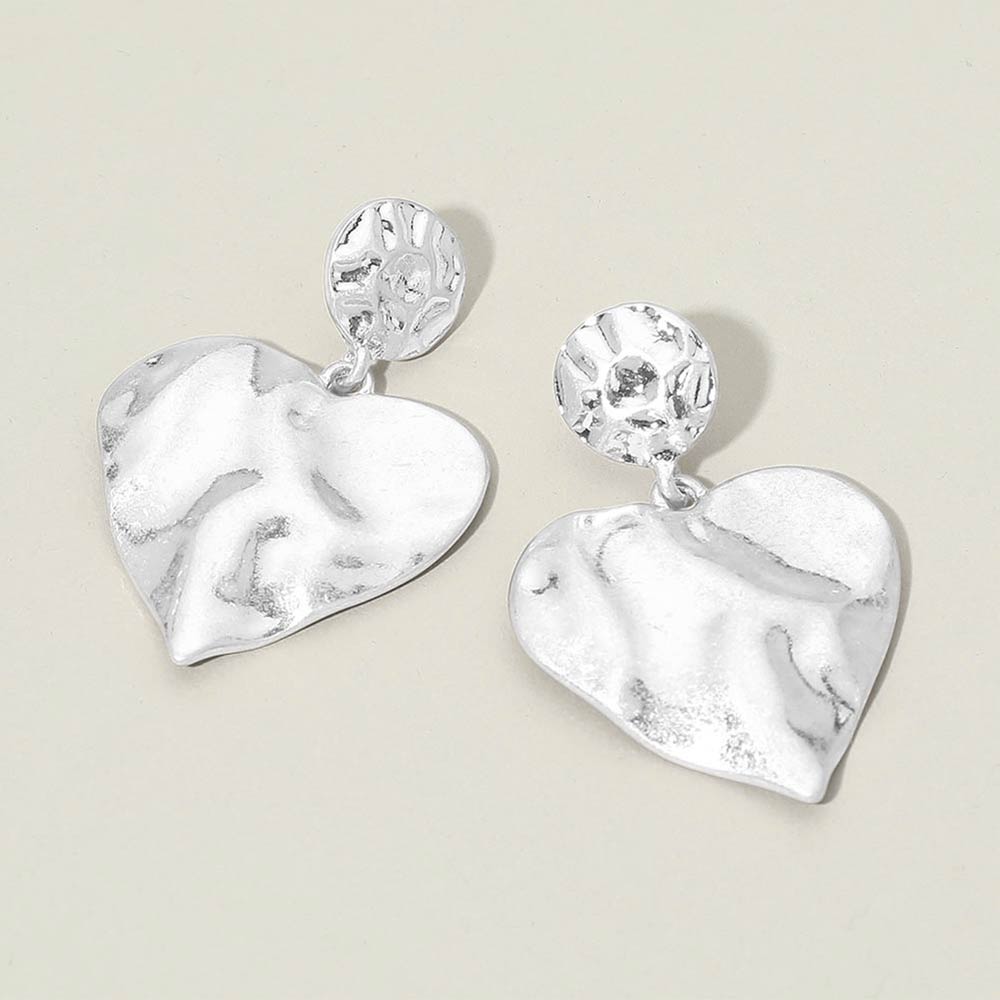 Worn Metal Hammered Heart Drop Earrings