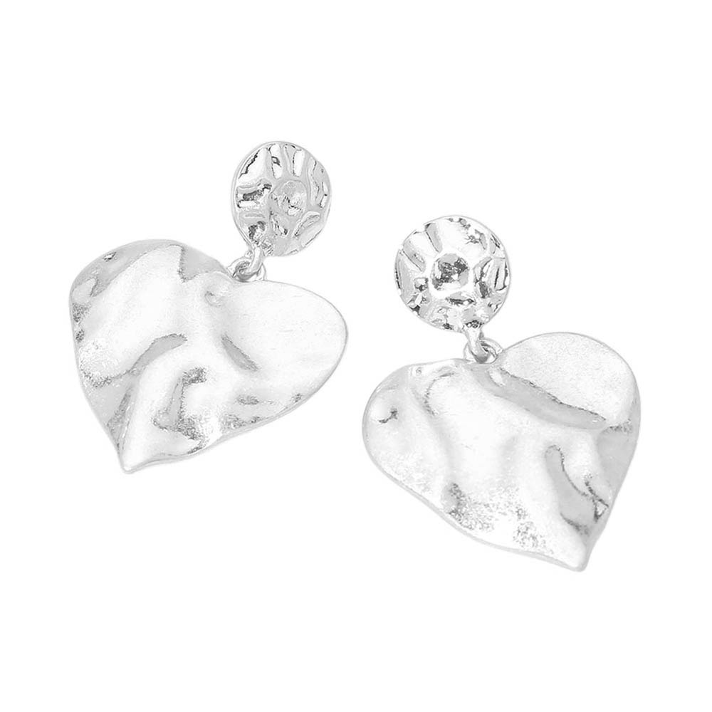 Worn Metal Hammered Heart Drop Earrings