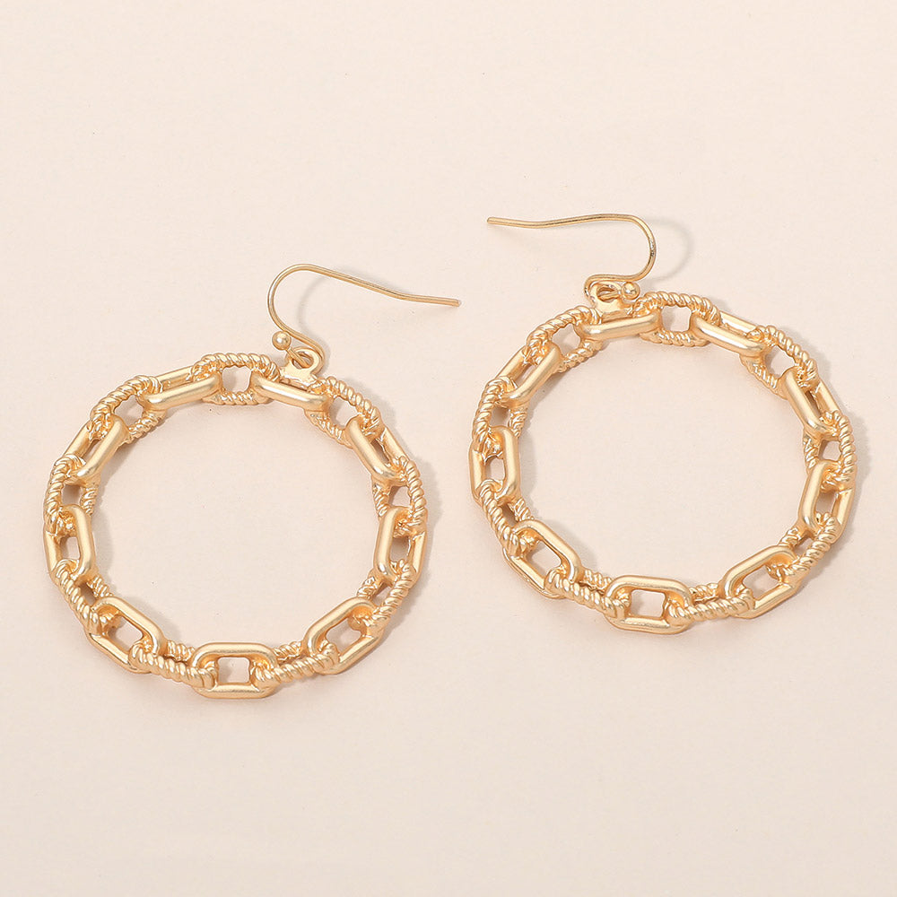 Textured Metal Chain Hoop Drop Dangle Earrings