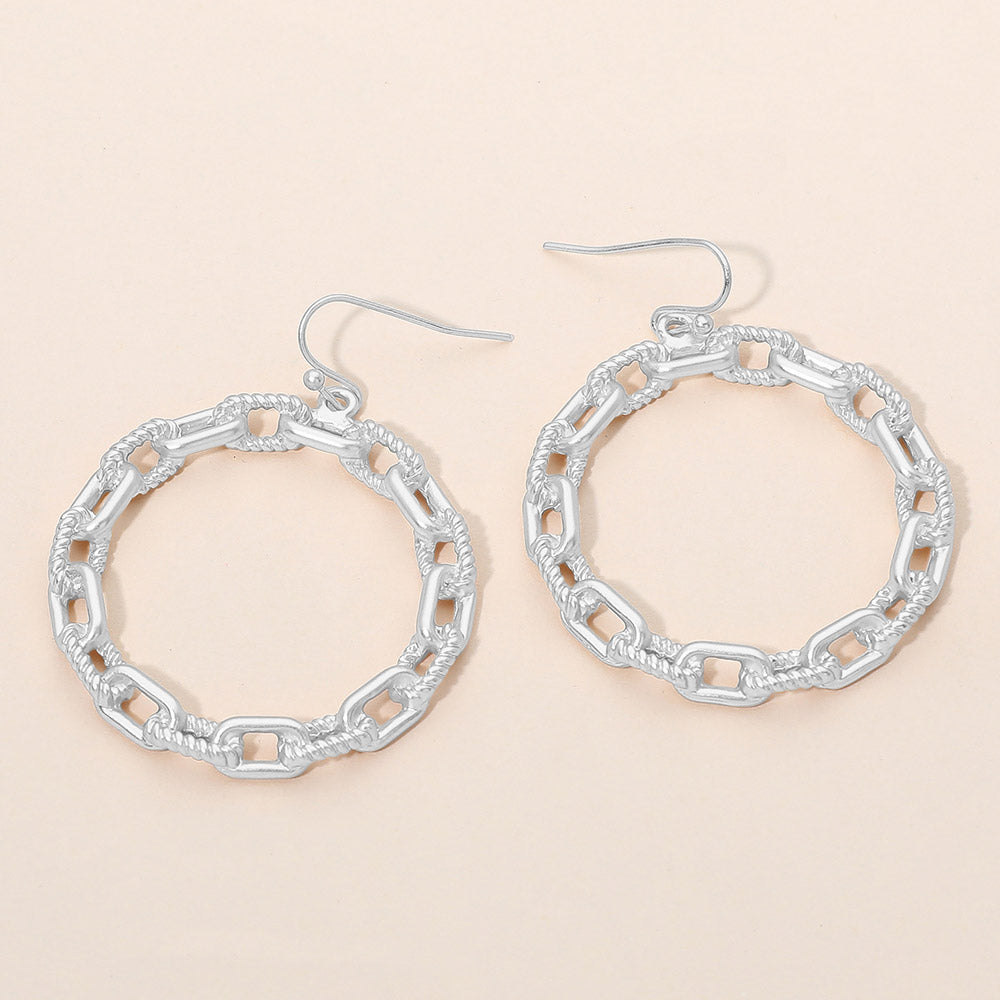 Textured Metal Chain Hoop Drop Dangle Earrings