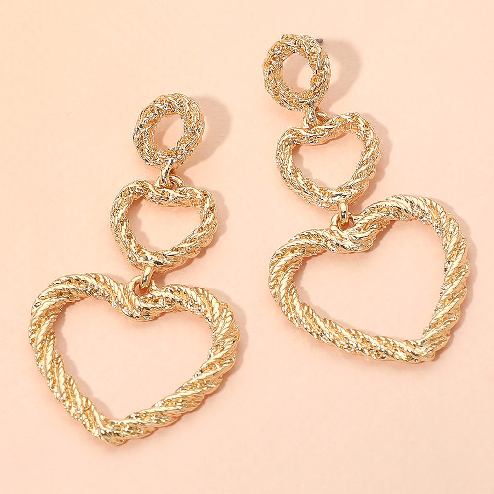 Textured Double Open Heart Link Drop Statement Earrings
