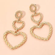 Textured Double Open Heart Link Drop Statement Earrings