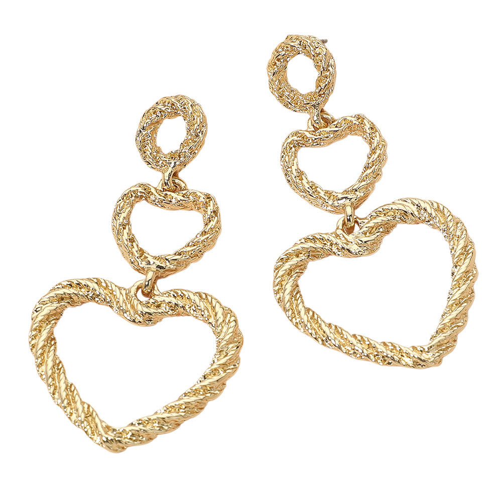 Textured Double Open Heart Link Drop Statement Earrings