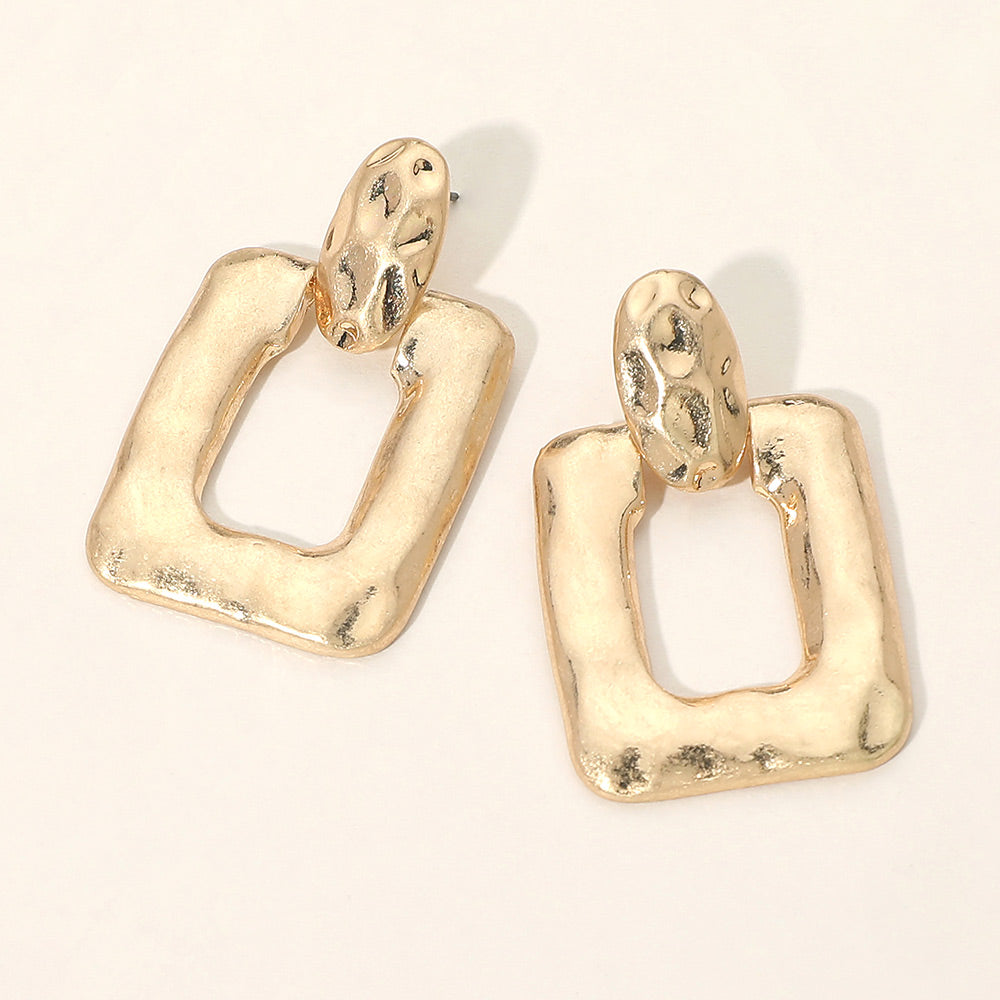 Hammered Metal Sculpted Square Door Knocker Statement Earrings