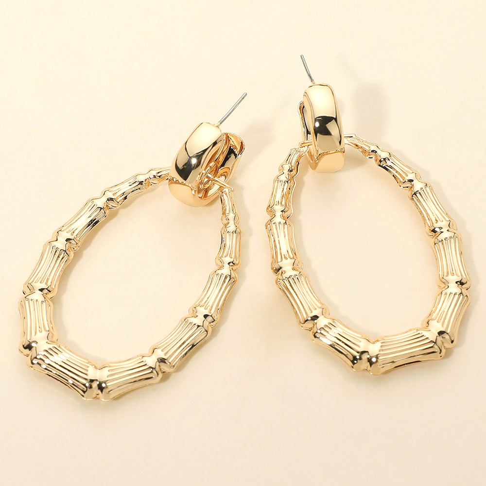 Bold Textured Metal Teardrop Bamboo Hoop Drop Earrings