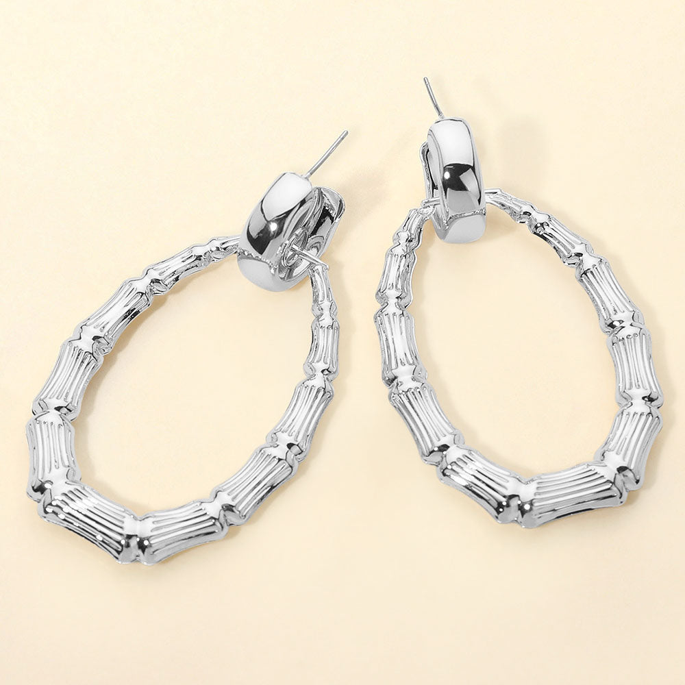 Bold Textured Metal Teardrop Bamboo Hoop Drop Earrings