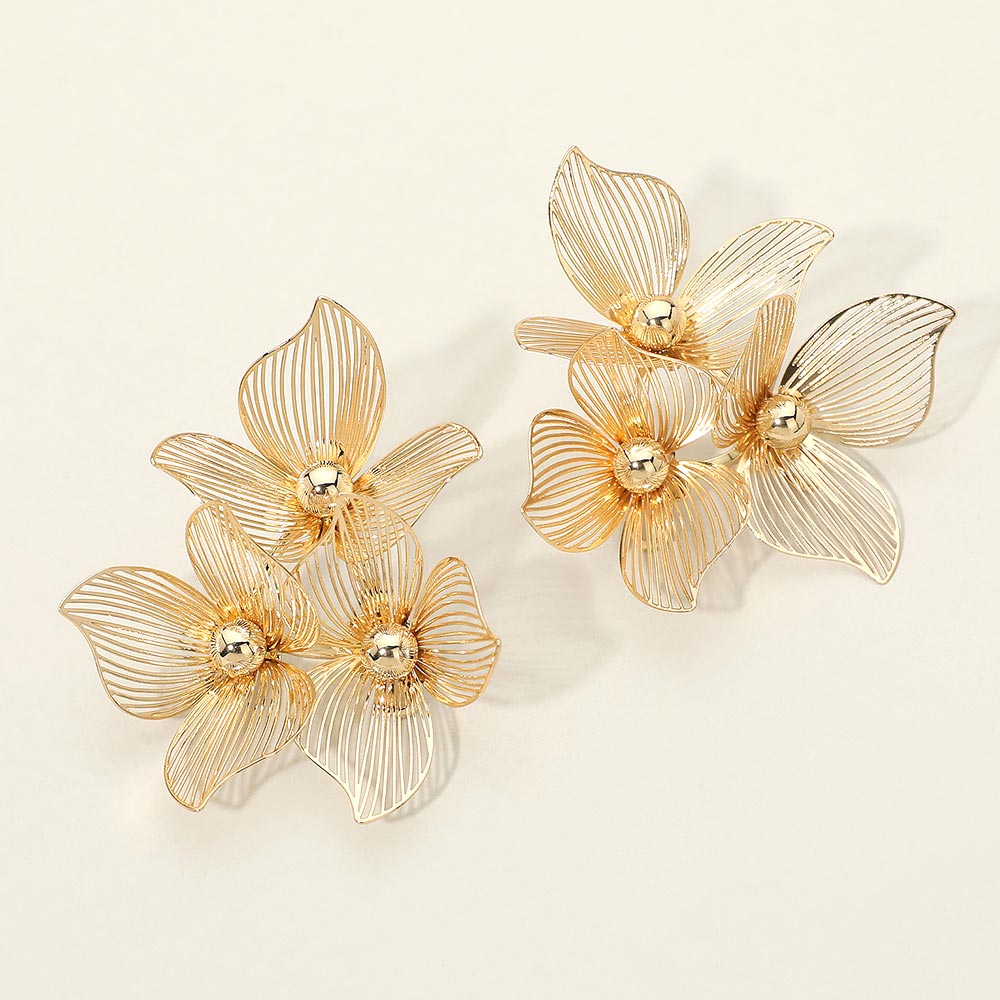 Metal Cutout Triple Floral Statement Earrings
