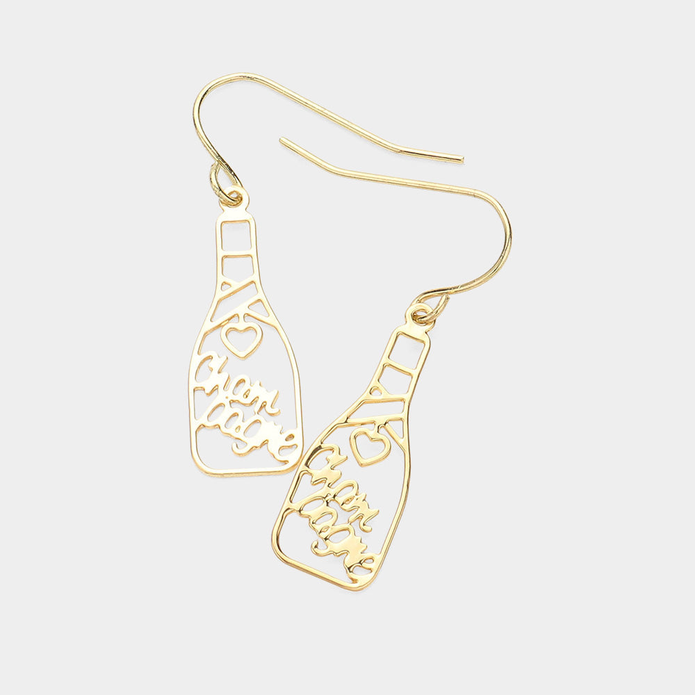 Brass Metal Champagne Message Bottle Dangle Earrings