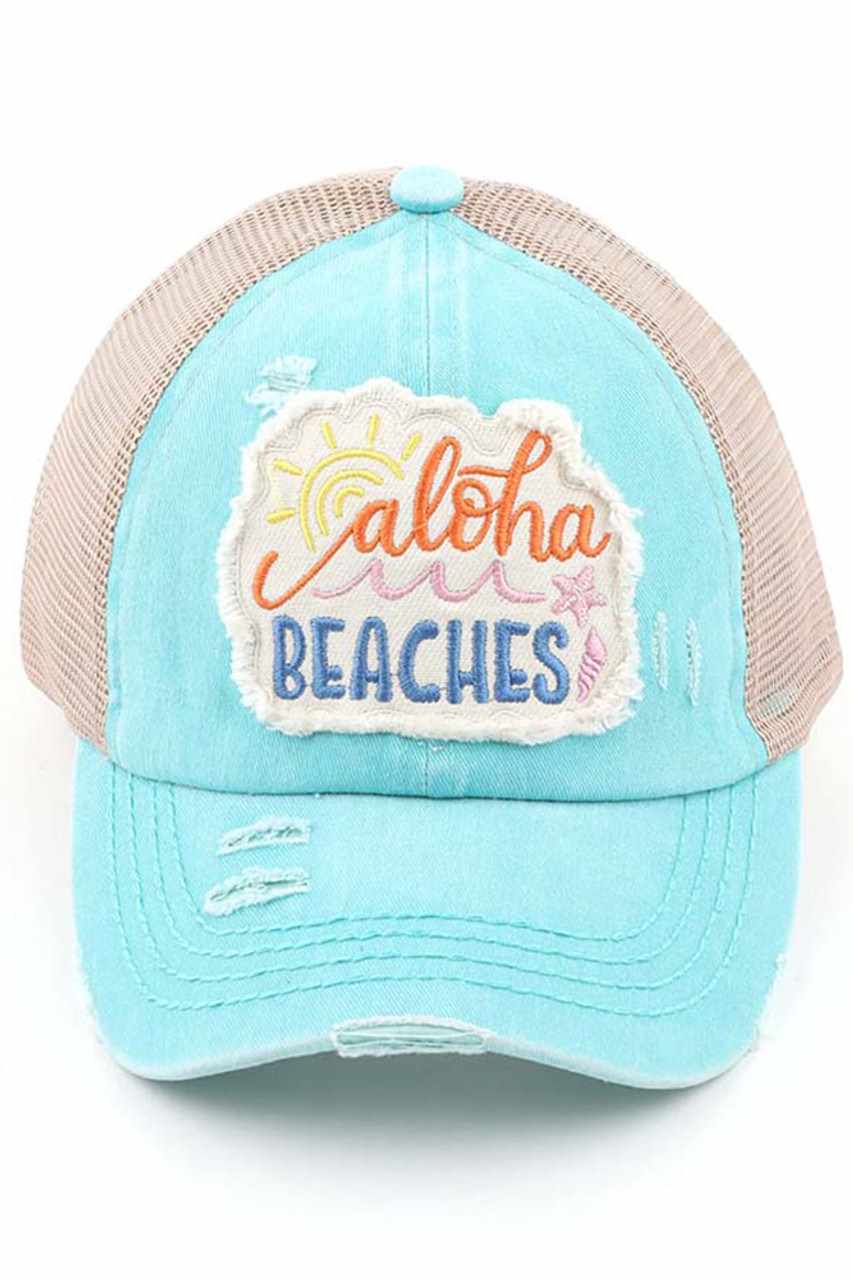 C.C Women's Distressed Aloha Beaches Patch Ponytail Cap