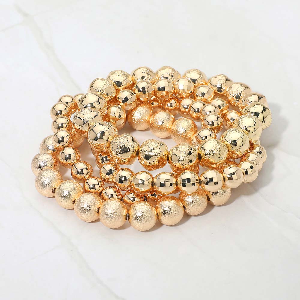 4PCS - Textured Metal Ball Beaded Stretch Multi Layered Bracelets