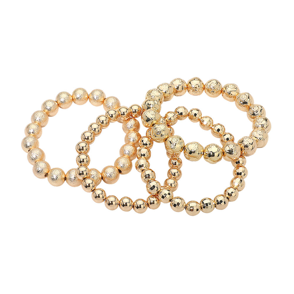 4PCS - Textured Metal Ball Beaded Stretch Multi Layered Bracelets