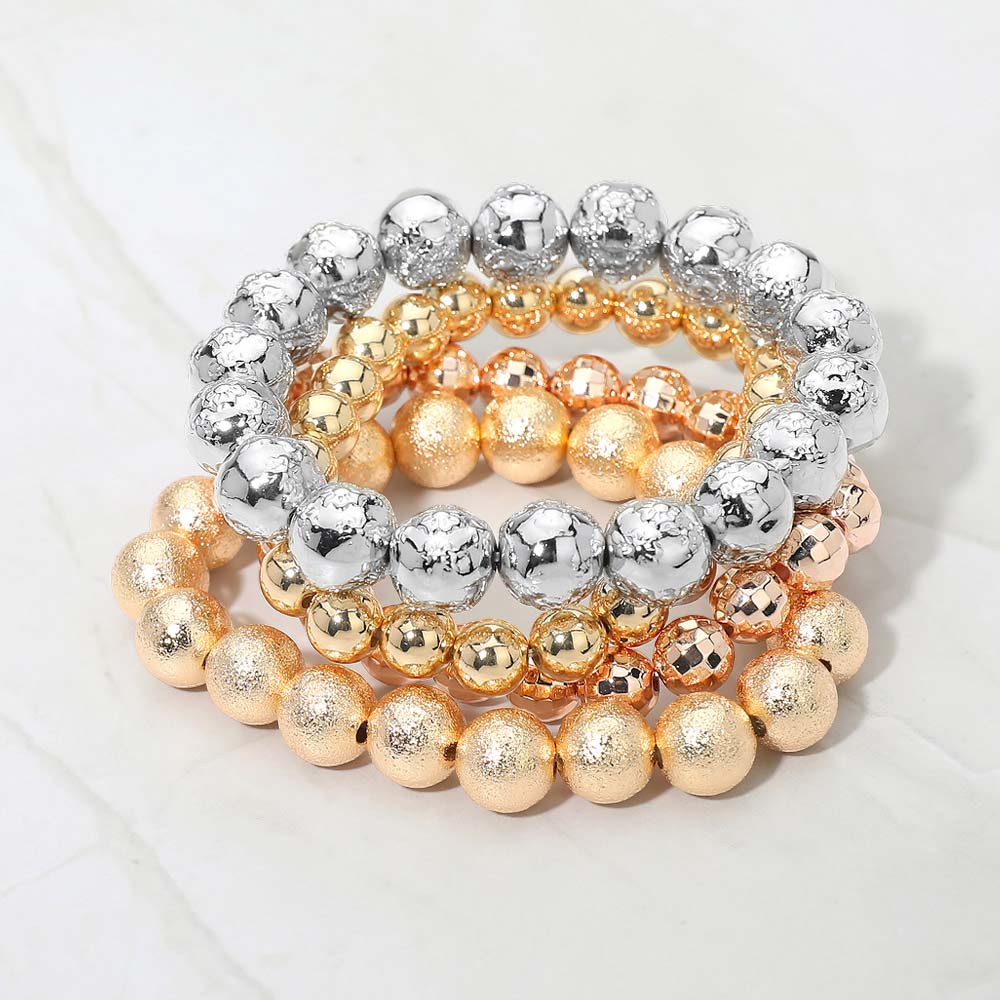 4PCS - Textured Metal Ball Beaded Stretch Multi Layered Bracelets