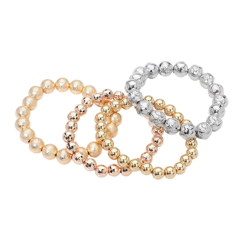 4PCS - Textured Metal Ball Beaded Stretch Multi Layered Bracelets