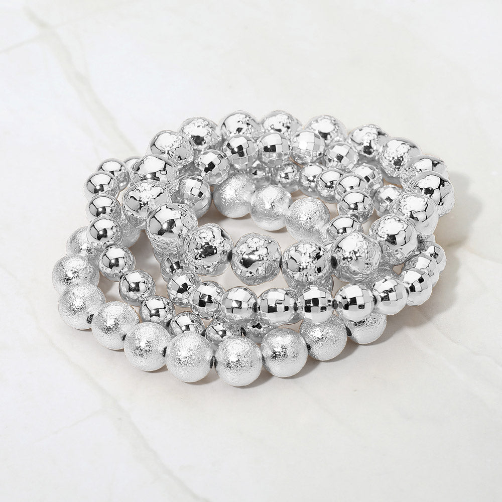4PCS - Textured Metal Ball Beaded Stretch Multi Layered Bracelets