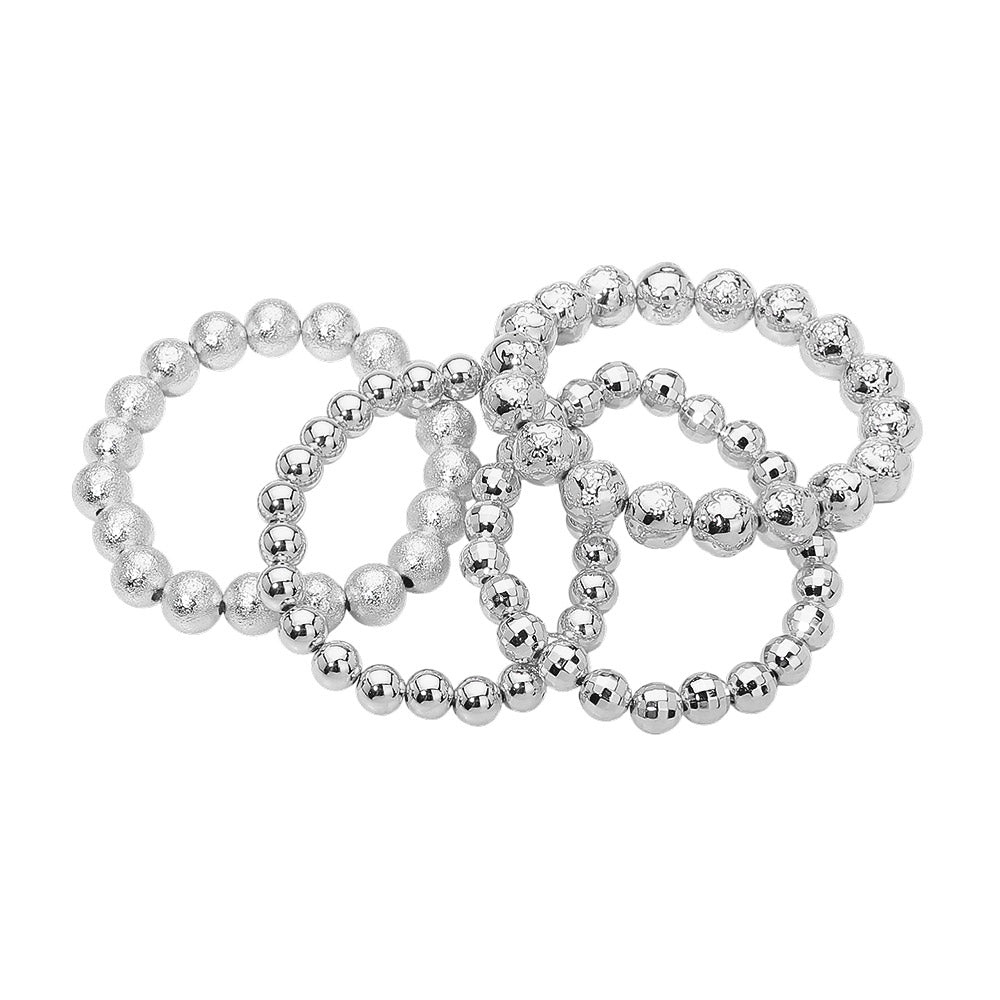4PCS - Textured Metal Ball Beaded Stretch Multi Layered Bracelets
