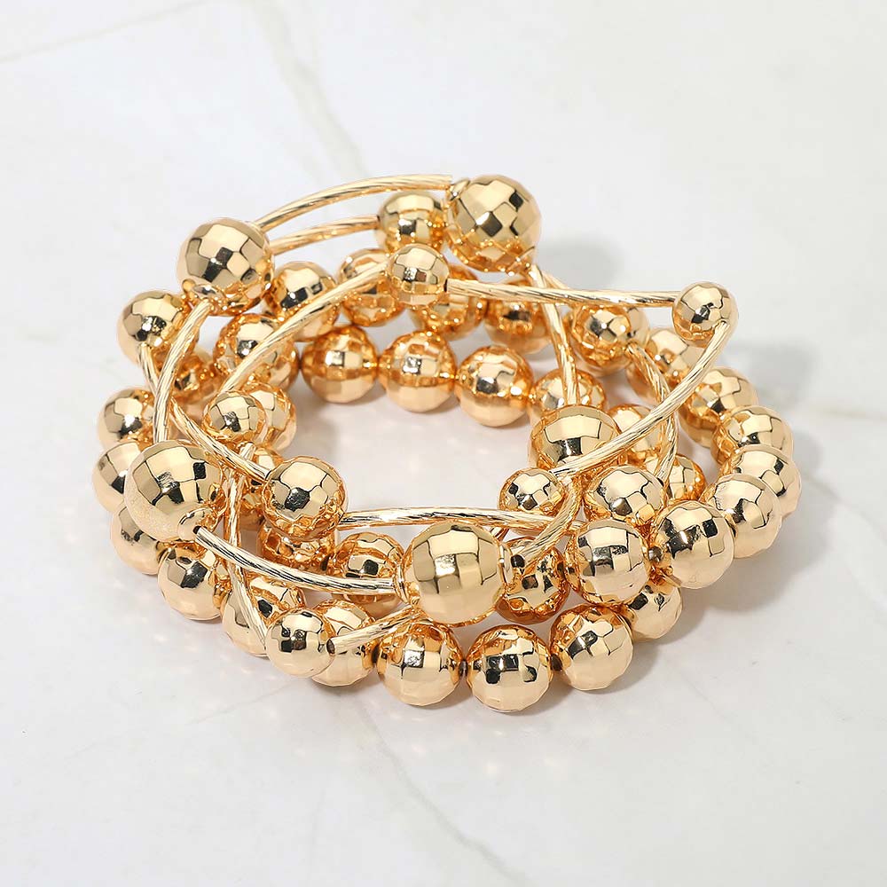 5PCS - Faceted Polished Ball Bar Beaded Stretch Multi Layered Bracelets