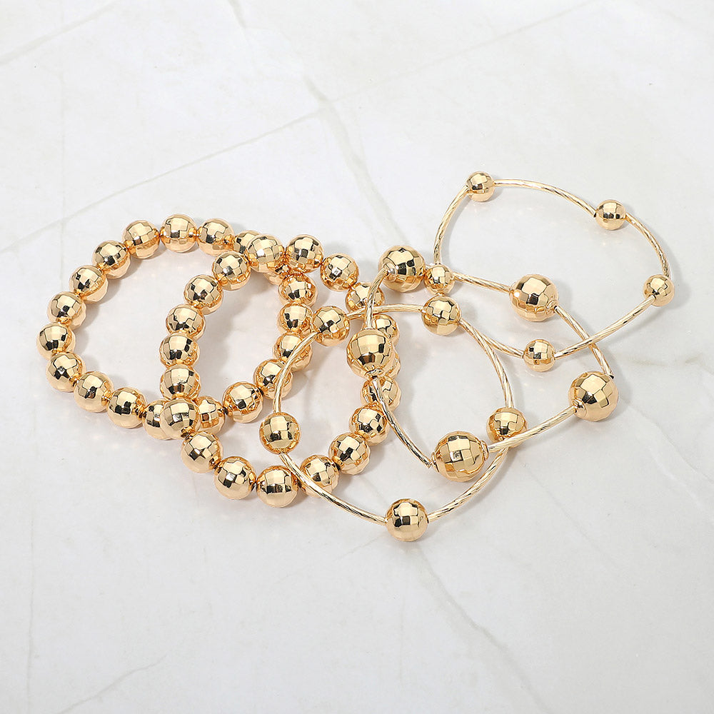 5PCS - Faceted Polished Ball Bar Beaded Stretch Multi Layered Bracelets