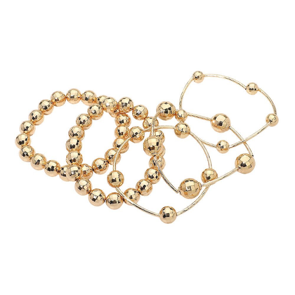 5PCS - Faceted Polished Ball Bar Beaded Stretch Multi Layered Bracelets