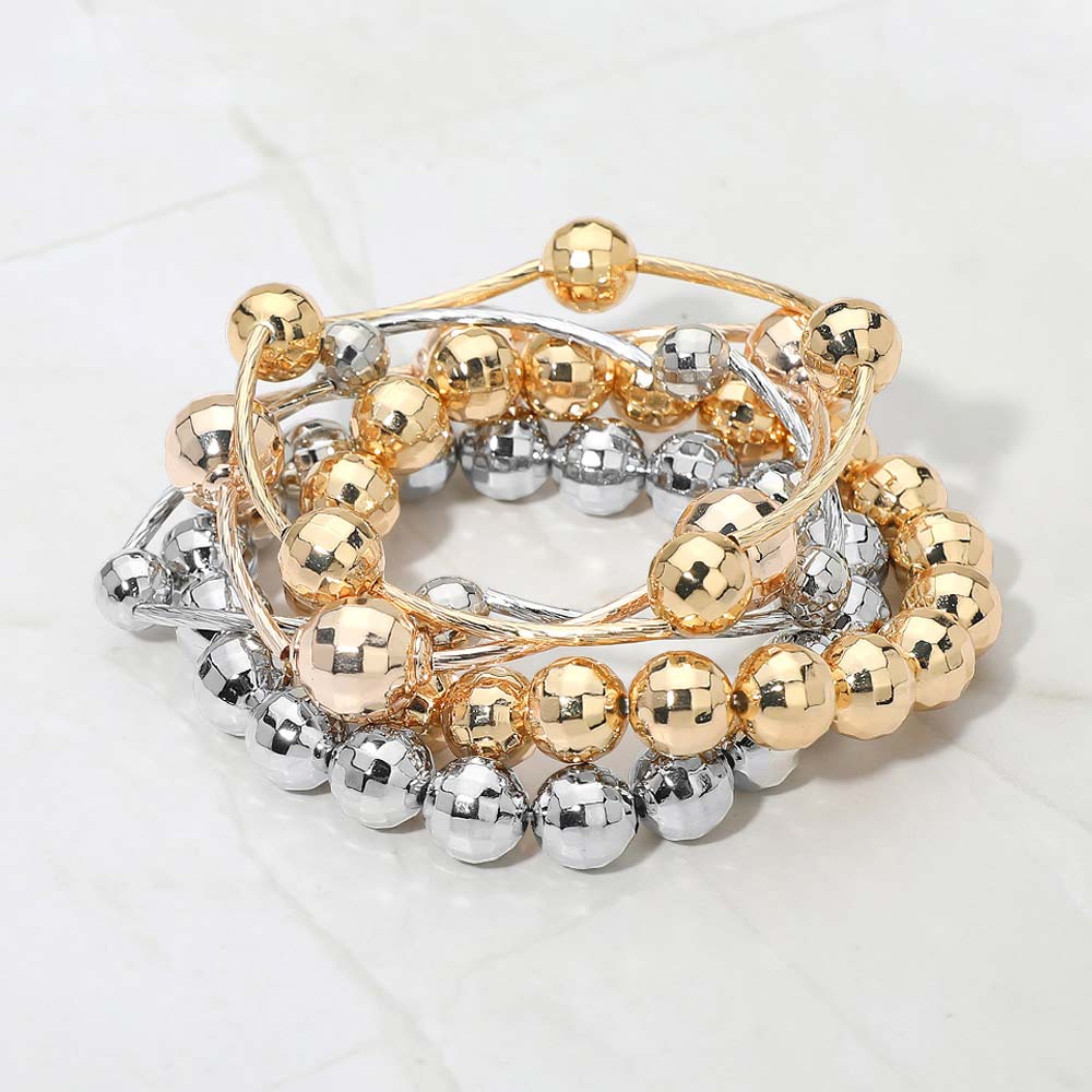 5PCS - Faceted Polished Ball Bar Beaded Stretch Multi Layered Bracelets