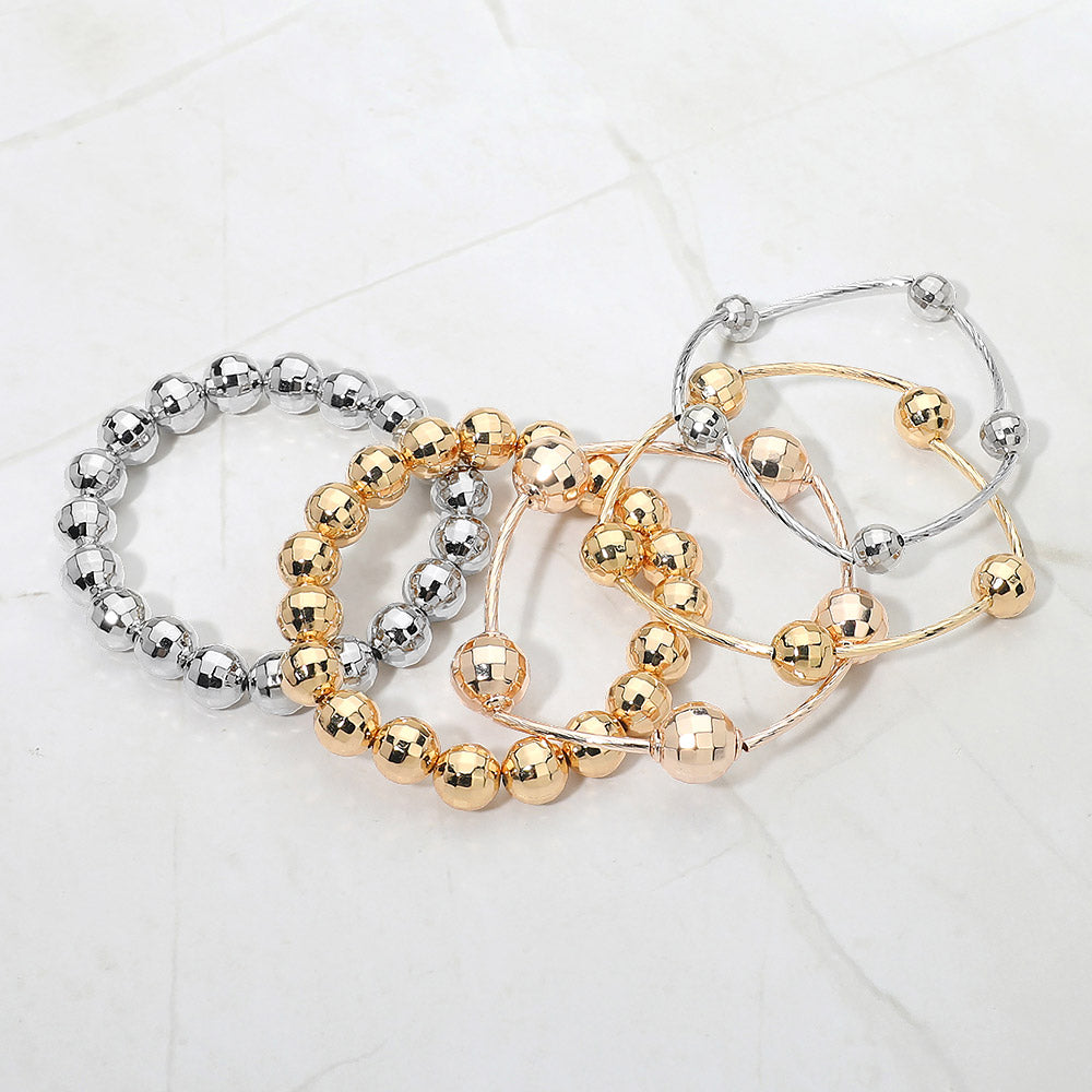 5PCS - Faceted Polished Ball Bar Beaded Stretch Multi Layered Bracelets