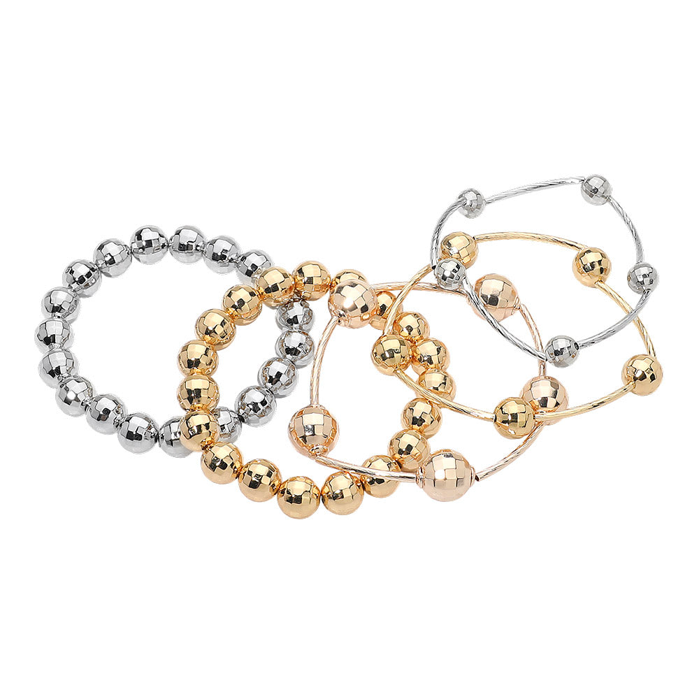 5PCS - Faceted Polished Ball Bar Beaded Stretch Multi Layered Bracelets