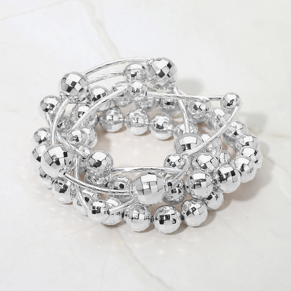 5PCS - Faceted Polished Ball Bar Beaded Stretch Multi Layered Bracelets