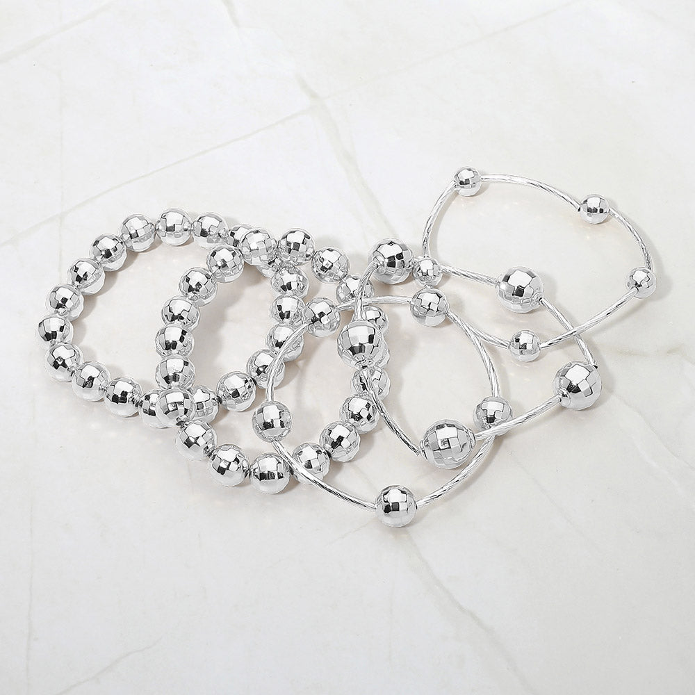 5PCS - Faceted Polished Ball Bar Beaded Stretch Multi Layered Bracelets