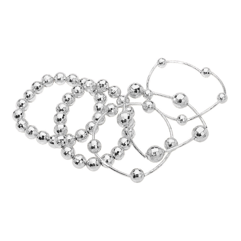 5PCS - Faceted Polished Ball Bar Beaded Stretch Multi Layered Bracelets