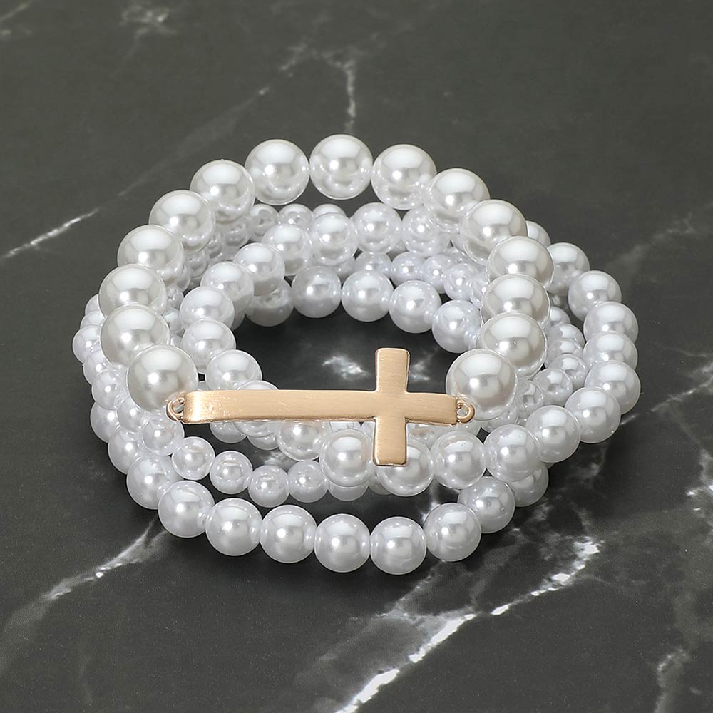 5PCS - Cross Accent Pearl Beaded Stretch Multi Layered Bracelets