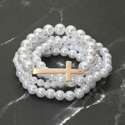 5PCS - Cross Accent Pearl Beaded Stretch Multi Layered Bracelets