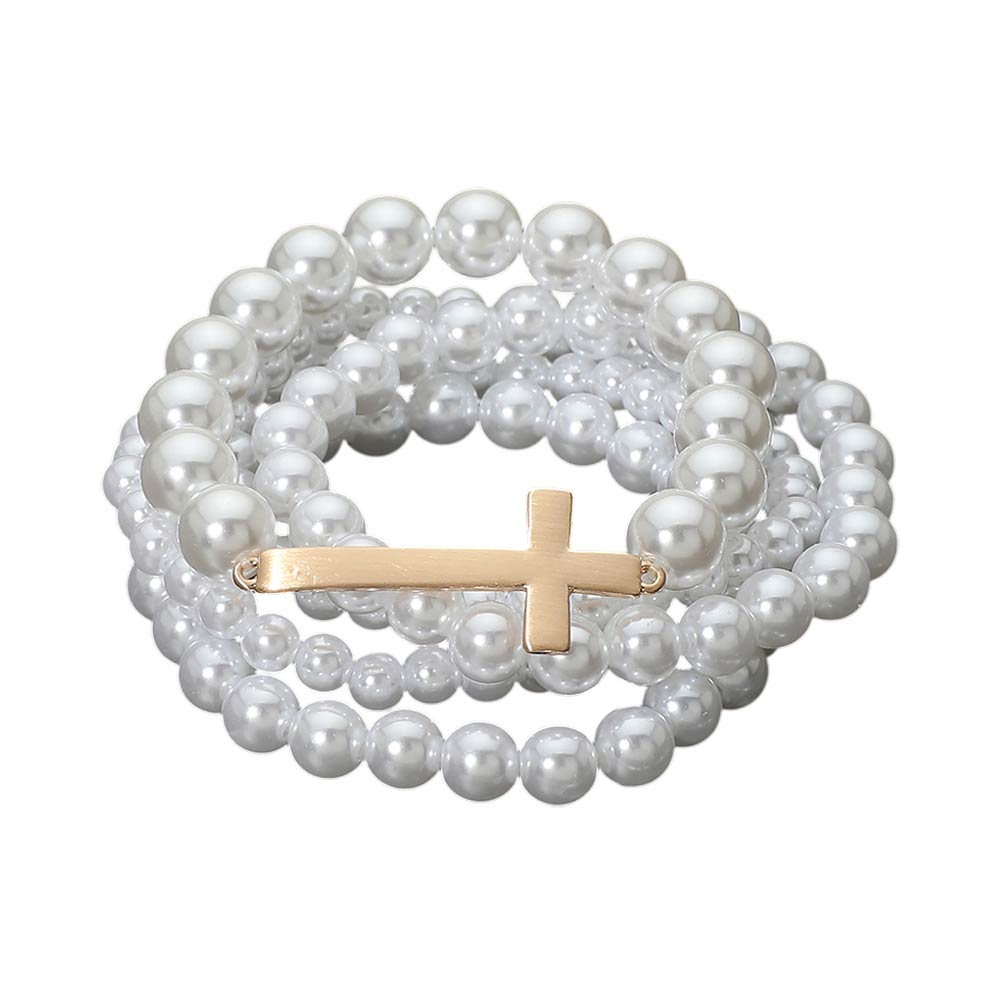 5PCS - Cross Accent Pearl Beaded Stretch Multi Layered Bracelets