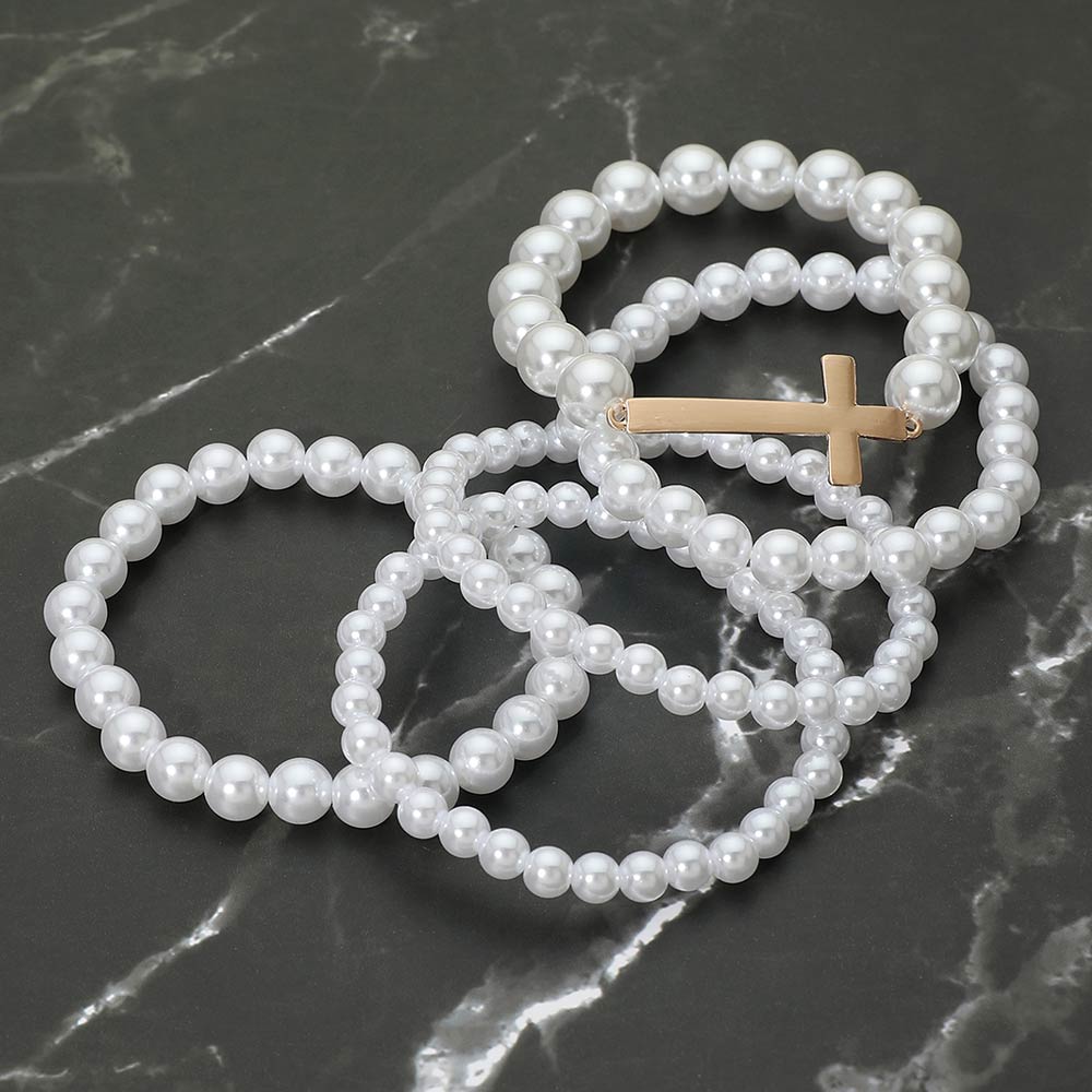 5PCS - Cross Accent Pearl Beaded Stretch Multi Layered Bracelets