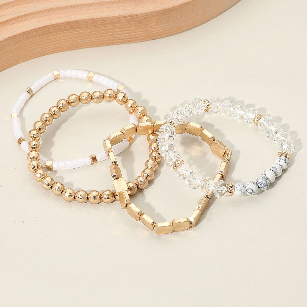 4PCS - Metal Faceted Beaded Stretch Multi Layered Bracelets