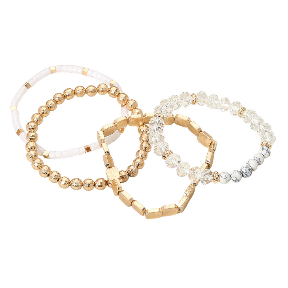 4PCS - Metal Faceted Beaded Stretch Multi Layered Bracelets