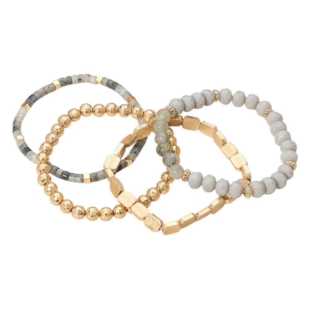 4PCS - Metal Faceted Beaded Stretch Multi Layered Bracelets