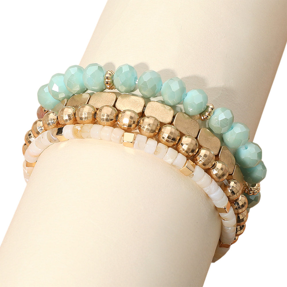 4PCS - Metal Faceted Beaded Stretch Multi Layered Bracelets