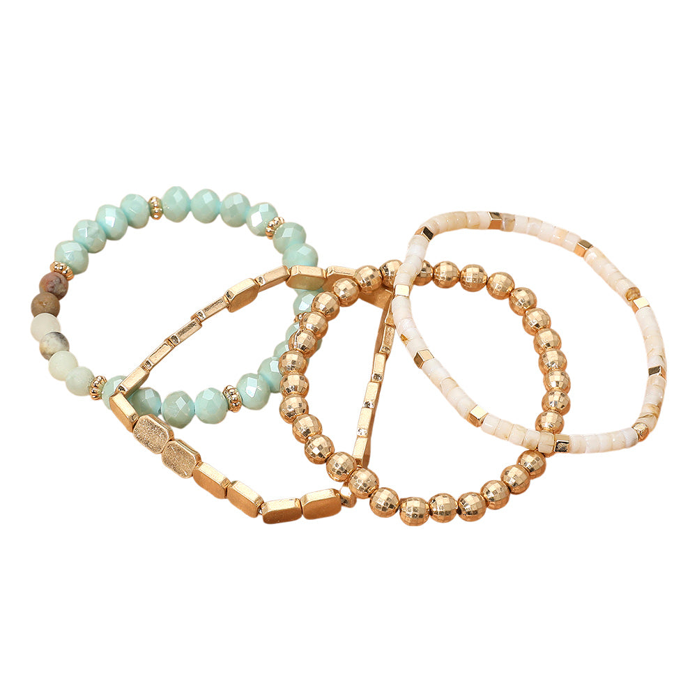 4PCS - Metal Faceted Beaded Stretch Multi Layered Bracelets