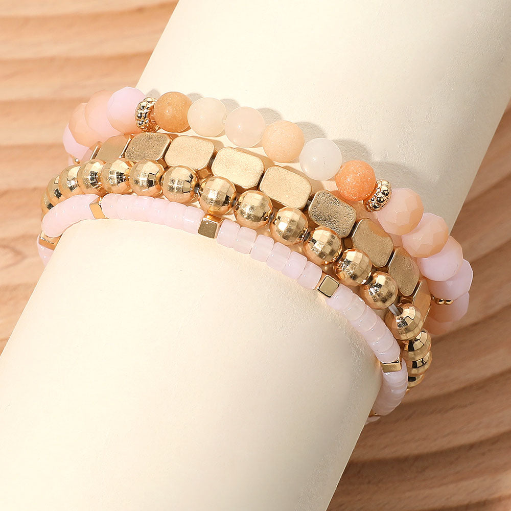 4PCS - Metal Faceted Beaded Stretch Multi Layered Bracelets